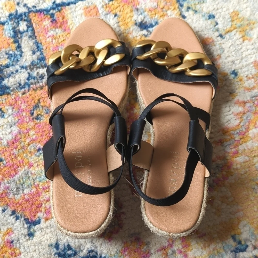Maypol Leather Chunky Chain Strappy Open Toe Espadrille Wedge Sandals Black 40